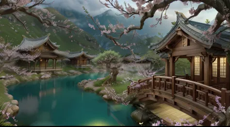 Realistic lighting， Masterpiece, High quality, Beautiful graphics, High detail,Cinematic lighting，dingdall effect，Peach blossom tree,In the foreground is the peach blossom branch of detail， wood bridges，Small streams,Pristine village，tree house,lawns，The v...