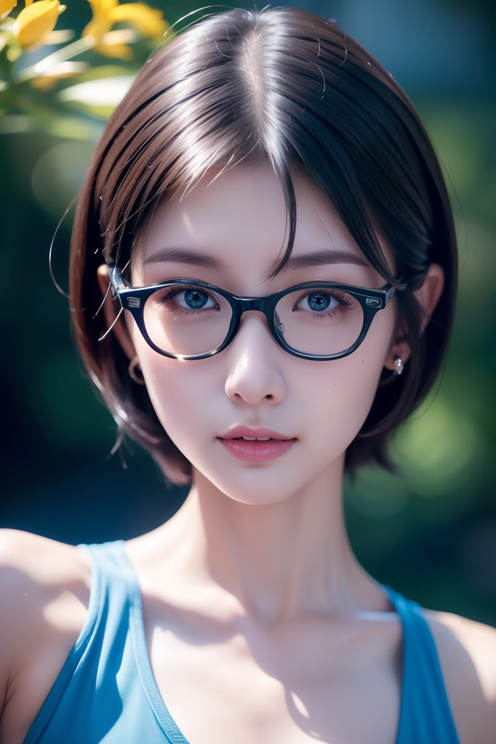 （Une haute résolution，mise en évidence，4k），lunettes à monture bleue，visage long，1fille，La face，详细的La face，eYeux bleus，jardin tropical，cheveux très courts，Elle a un papillon sur la tête，visage en gros plan，Le soleil à midi，énorme mésange)，je regarde le spectateur，Portée rapprochée - intensité，une robe bleu，Garder la bouche fermée，