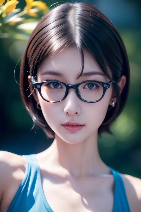 （a high resolution，high lighting，4k），blue rimmed glasses，long face，1girll，the face，详细的the face，eblue eyes，trpical garden，very sh...