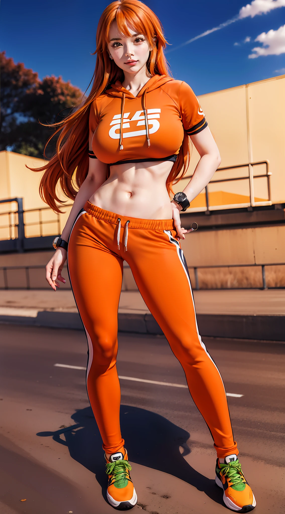 a woman, nami form anime one piece, orange hair, long hair, hair tie, big , perfect body, standing, sexy, hot girl, wearing an orange nike hoodie, orange jogger pants, orange nike shoes, on the soccer field, wearing a smart watch, slightly smiling, looking at viewer, hd images, super detailed quality, super detail, hd quality, 8k, fuji foto, canon foto