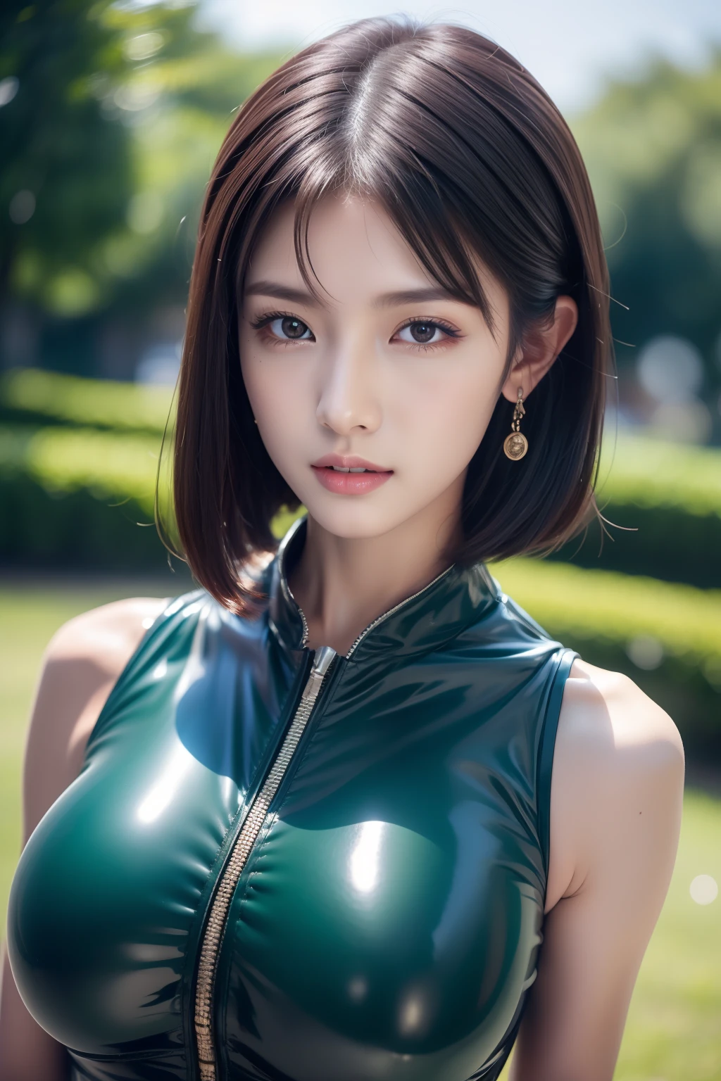 （A high resolution，high lighting，4K），Long face，1girll，the face，详细的the face，trpical garden，short detailed hair，She has a butterfly on her head，close-up face，The sun at noon，huge tit)，looking at viewert，Close range - intensity，Black latex clothes，Keep one's mouth shut