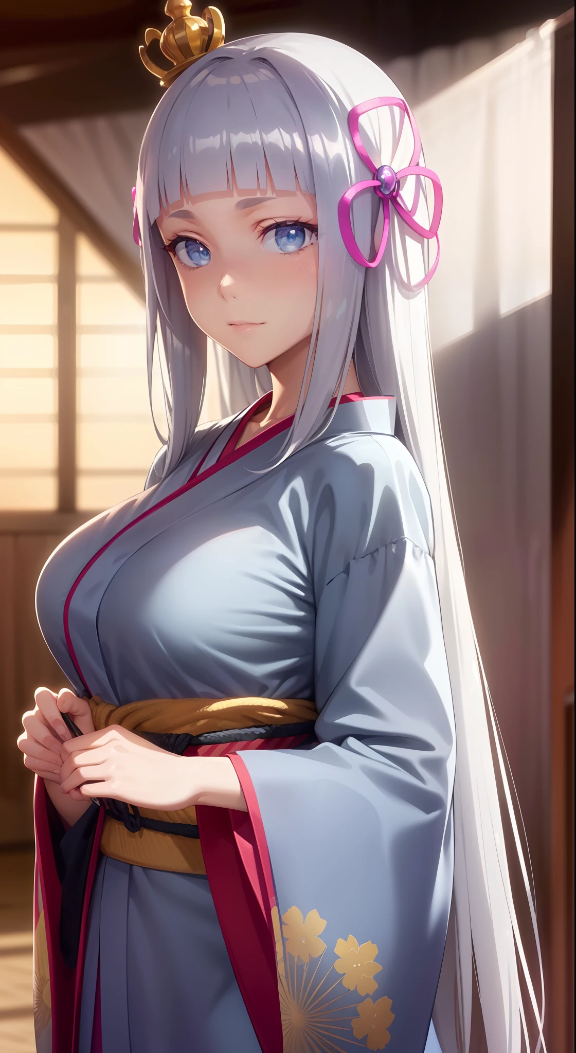 hair ornament, very long hair, japanese clothes, professional artwork, Intricate Details, field of view, sharp focus, detailed painting, photorealistic lighting, trending on pixiv, Standing at attention, ((large breasts:1,3)), Beautiful body,Beautiful Nose,Beautiful character design, perfect eyes, perfect face, looking at viewer, SFW,official art,extremely detailed CG unity 8k wallpaper, perfect lighting,Colorful, Bright_Front_face_Lighting, (masterpiece:1.0),(best_quality:1.0), ultra high res,4K,ultra-detailed, photography, 8K, HDR, highres, absurdres:1.2, Kodak portra 400, film grain, blurry background, bokeh:1.2, lens flare, (vibrant_color:1.2), shikkoku_yorihime, (seductive look), ((looking at viewer, front body pose))