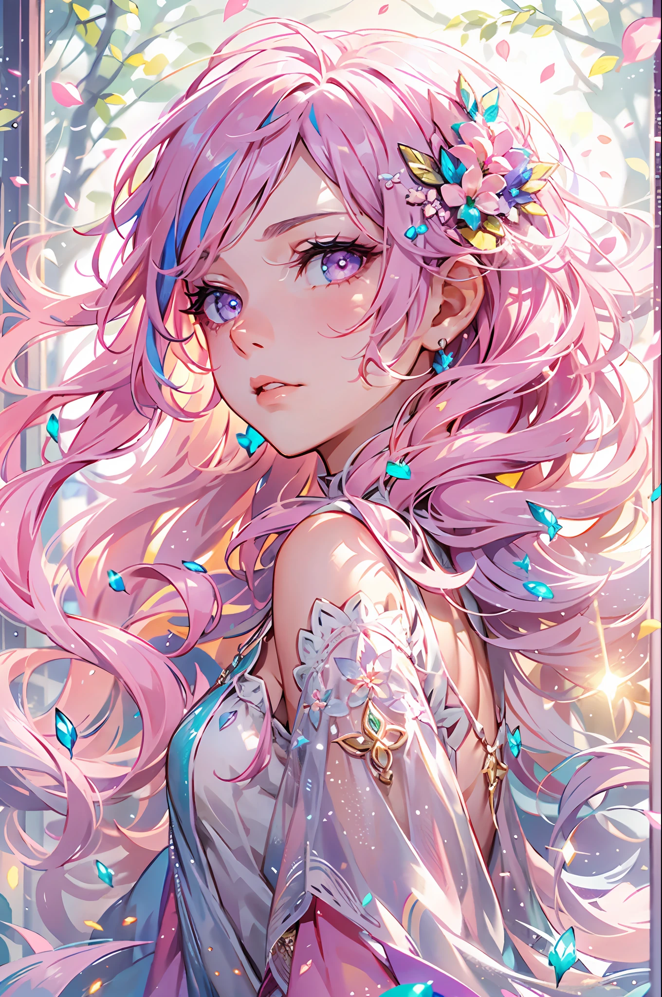 With pink hair and rainbow eyes,beautiful as a fairy,A melancholy expression that stirs affection,side face,floating hair,light particles,glare,vivid,fancy,dreamlike,a dim atomshpere,