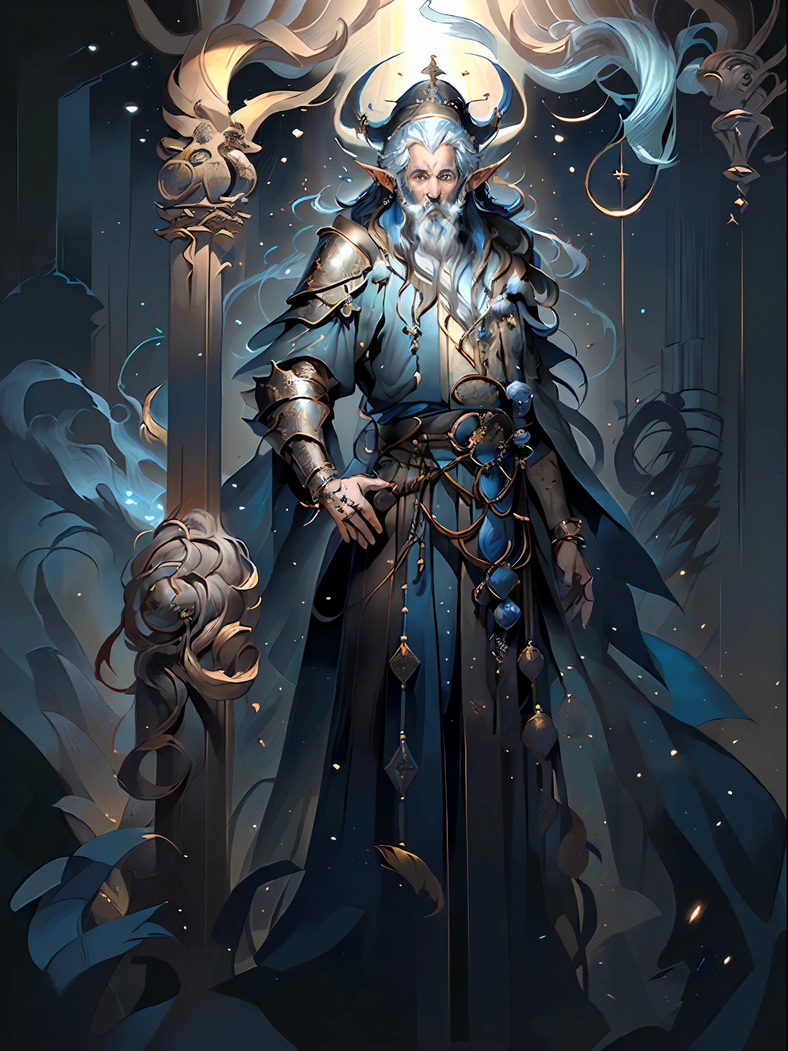 ((Male arafed in a blue and black outfit standing in a forest, Magic to Sorcerer Gathering, Retrato de um male wizard, male wizard, Portrait of a blue wizard, full portrait of elementalist, Male celestial wizard), (hooded cloak, flowing robes and leather armor, blue coat), (Portrait of a male elf wizard, Male elf priest))