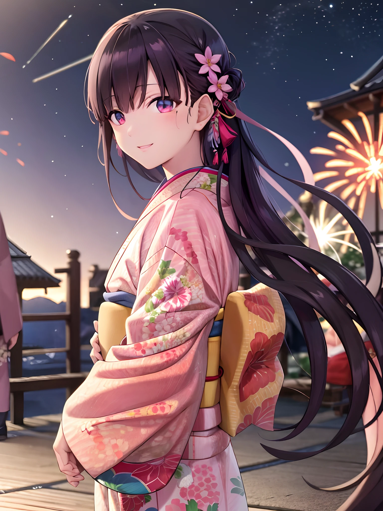 masutepiece, Best Quality ,Detailed illustrations, Cinematic, Dramatic Lighting, Ray traching, Shining eyes, Kimono, Obi, Hair Ornament, Looking back, old Japan background, Big fireworks floating in the night sky Miyo Nishimori, 1girl in, Solo, Looking at Viewer, wave her hand, Hand up, Smile,  Pink kimono, Komono, sash, Hair Ornament, Long sleeves, Hair Flower, Wide sleeves,