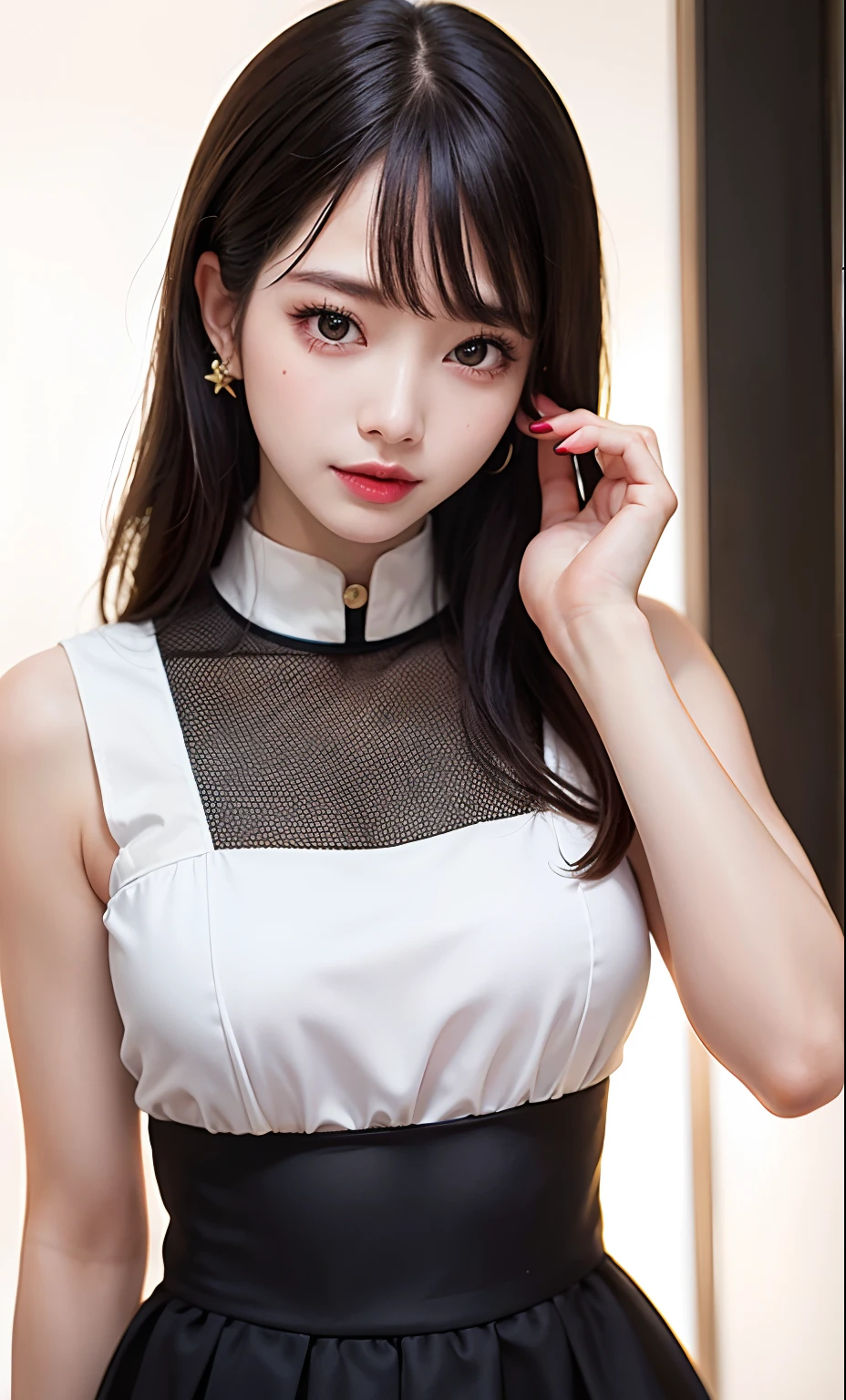 (8k, RAW photos, Photorealistic: 1.25), (Gloss on lips, eyeslashes, shining face, Shiny skin, Top quality, Ultra-high resolution, Depth of field, color difference, Caustics, Broadlighting, naturalshadow, Kpop idol) gentle, goddessy happiness watching viewer, maid, miniskirt