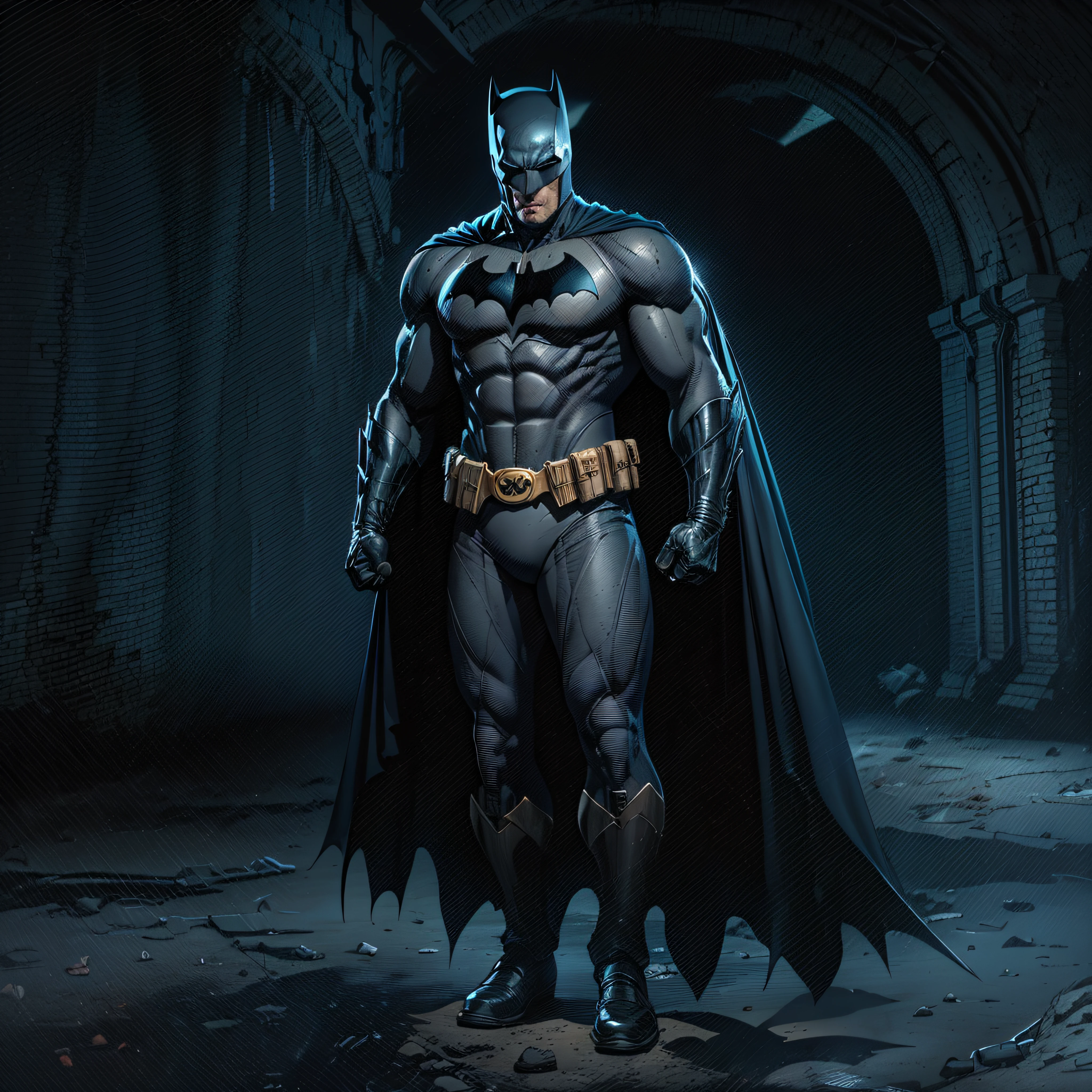 1 man, solo, Ben Affleck as Batman, tall, hunk, muscular, bulk, wide shoulder, photorealism, dark dirty grey suit, dark grey arms, ((no mask)), mask off, black hair, black gloves, best quality, masterpiece, high resolution:1.2, black cape, high detailed mask, high detailed suit, high detailed face, award winning, night time, a dark cave in the background, indoors, photo-realistic, ultra-realistic, octane render