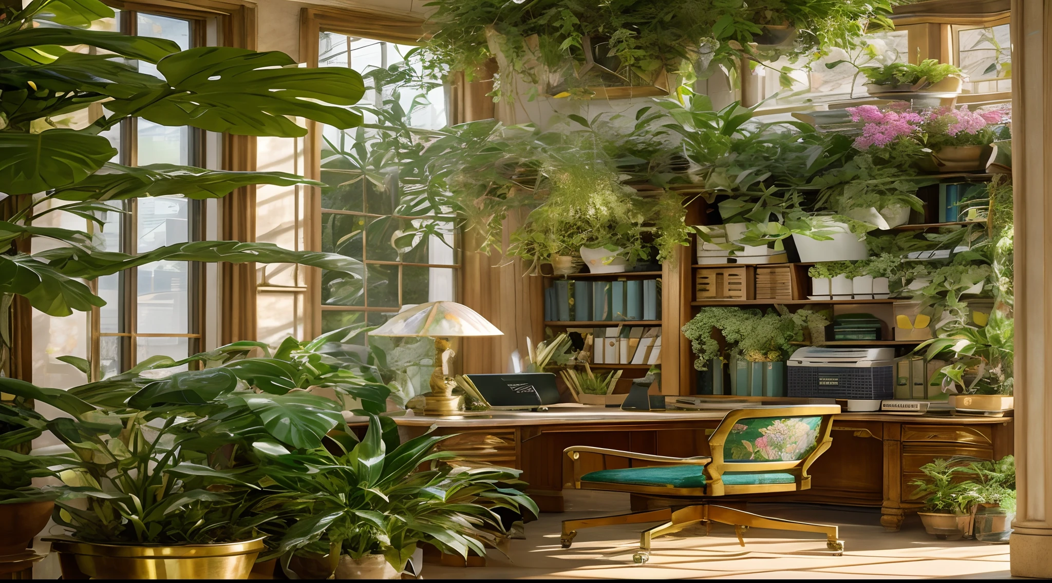 ภาพถ่าย Architectural Digest ของสีเขียว maximalist {คลื่นไอน้ำ/สตีมพังค์/โซลาร์พังค์} ((โฮมออฟฟิศ)) ด้วยดอกไม้และต้นไม้, แสงสีทอง, สถิตยศาสตร์เหนือจริง, ผลงานชิ้นเอกที่ได้รับรางวัลพร้อมรายละเอียดที่น่าทึ่ง, มหากาพย์ที่สวยงาม