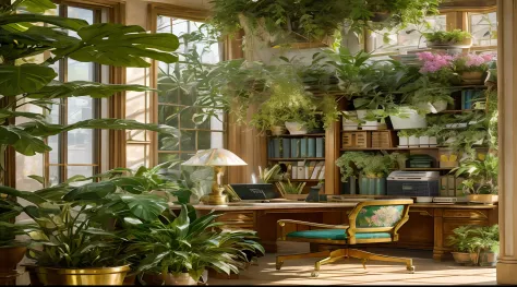 Architectural Digest photo of a maximalist green {vaporwave/steampunk/solarpunk} ((Home office)) with flowers and plants, golden...