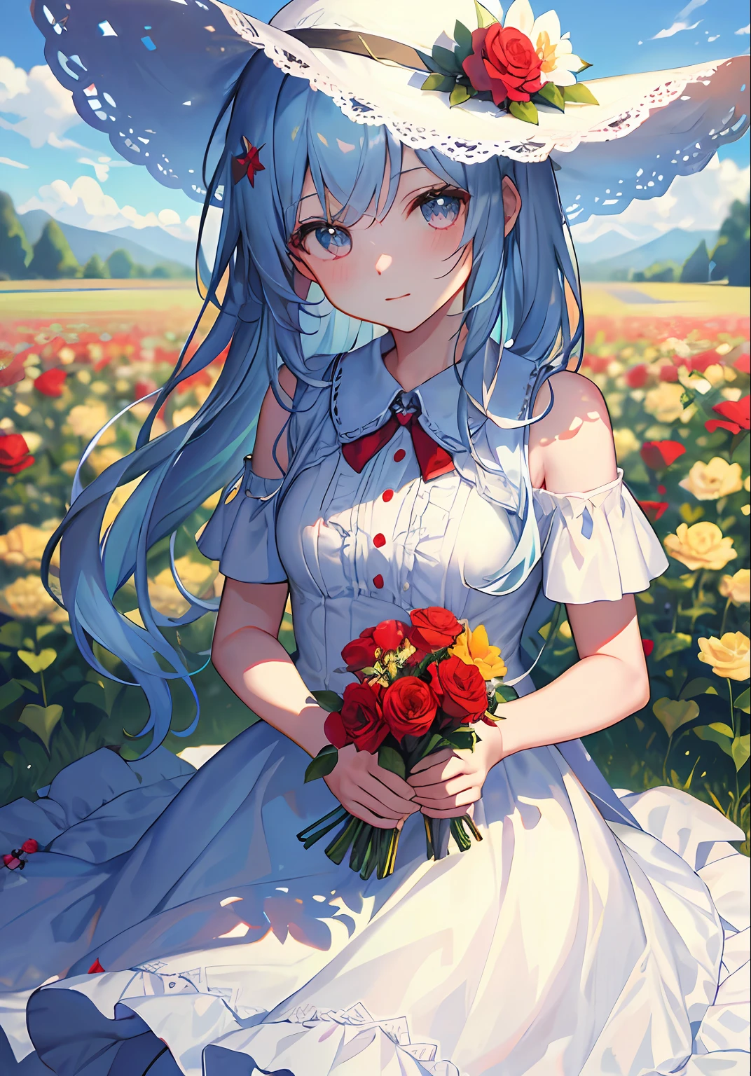 ((Masterpiece, Best quality)), 1girll, flower, Solo, dress, Holding, sky, Cloud, Hat, Outdoors, bangs, Bouquet, Rose, Expressionless, Blush, light blue  hair, flower  field, Red flower, Blue-black eyes, White dress, view the viewer, medium haired, holding flower, Small breasts, Red rose, holding flower bouquet, Sun hat, White headwear, Depth of field,