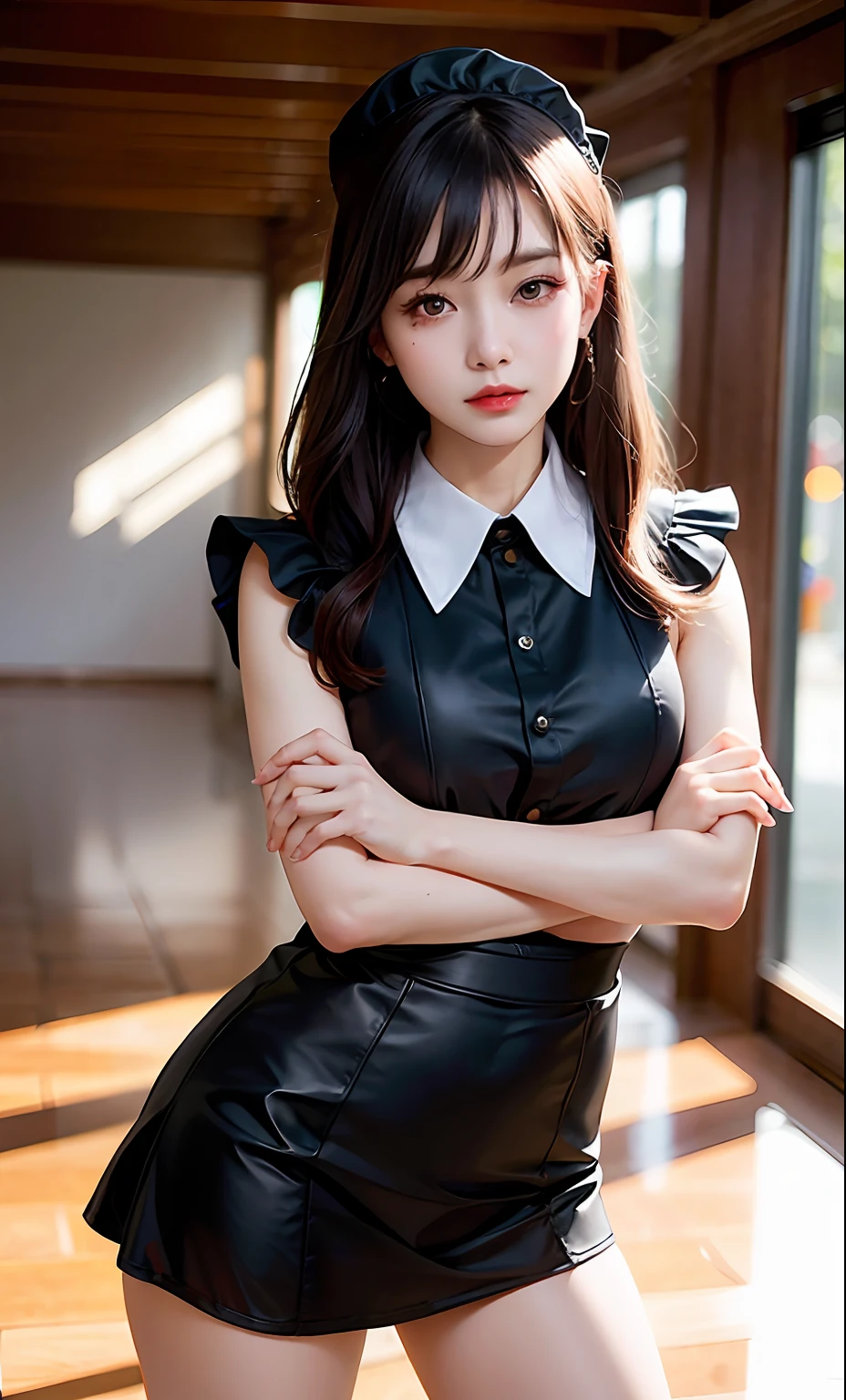 (8k, RAW photos, Photorealistic: 1.25), (Gloss on lips, eyeslashes, shining face, Shiny skin, Top quality, Ultra-high resolution, Depth of field, color difference, Caustics, Broadlighting, naturalshadow, Kpop idol) gentle, goddessy happiness watching viewer, maid, miniskirt