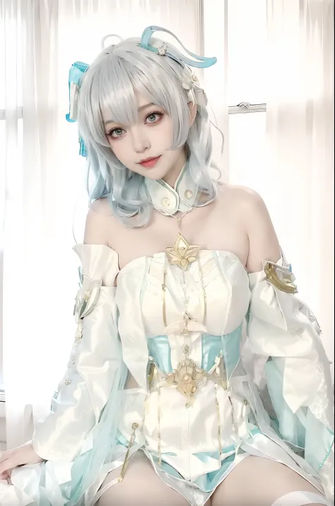 Alafi sitting on bed in white corset and blue hair, Gorgeous Role Play, elegant glamourous cosplay, Anime girl cosplay, Anime co...
