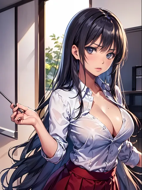 ((top quality, 8k, masterpiece: 1.3)), extremely cute and beautiful woman, 1 girl, (midiun breasts: 1.3), seductive cleavage, (abs, slender figure: 1.1), sharp focus, pixiv masterpiece, ((intricate details)), highly detailed, upper body, 1girl, black long ...