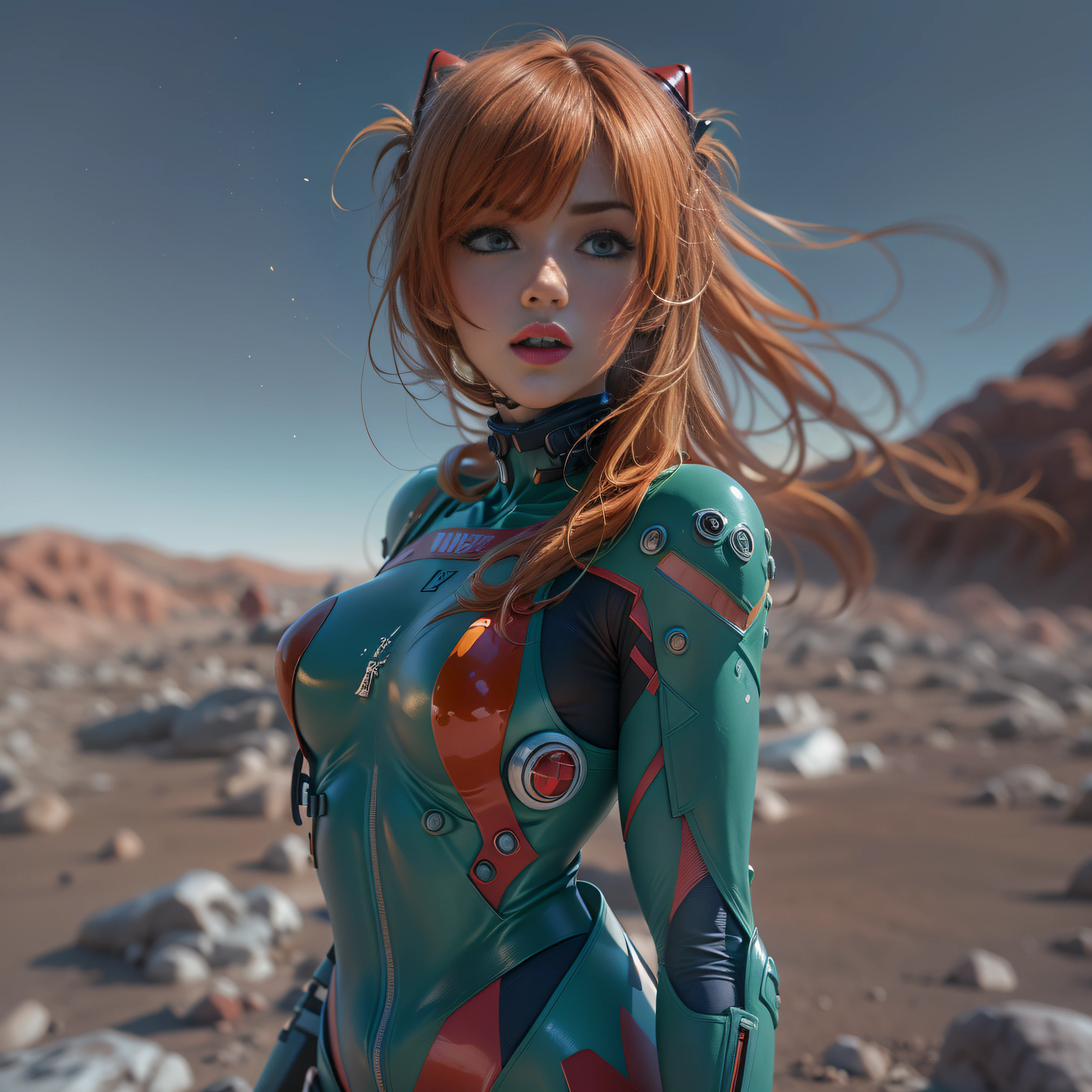 1 chica, Asuka Langley Shikinami, Caminando por un desierto de tierra roja, piedras rojas, ((ojos azules)), ((pecas en el rostro)), en plugsuit transparente, ((perfecto)), ((culo pequeño)), (((Vestido lencero con escote en V profundo))), vista desde atrás, Trazado de rayos, NVIDIA RTX, súper resolución, Irreal 5, Dispersión subsuperficial, Texturas PBR, postprocesamiento, Filtrado anisotrópico, profundidad de campo, Máxima nitidez y nitidez, Texturas multicapa, Mapeo de albedo y especular, sombreado de superficie, Simulación precisa de interacciones entre materiales ligeros, proporciones perfectas, representación de octanaje, iluminación duotono, ISO bajo, balance de blancos, regla de tercios, apertura amplia, 8K CRUDO, subpíxeles de alta eficiencia, convolución de subpíxeles, partículas luminosas