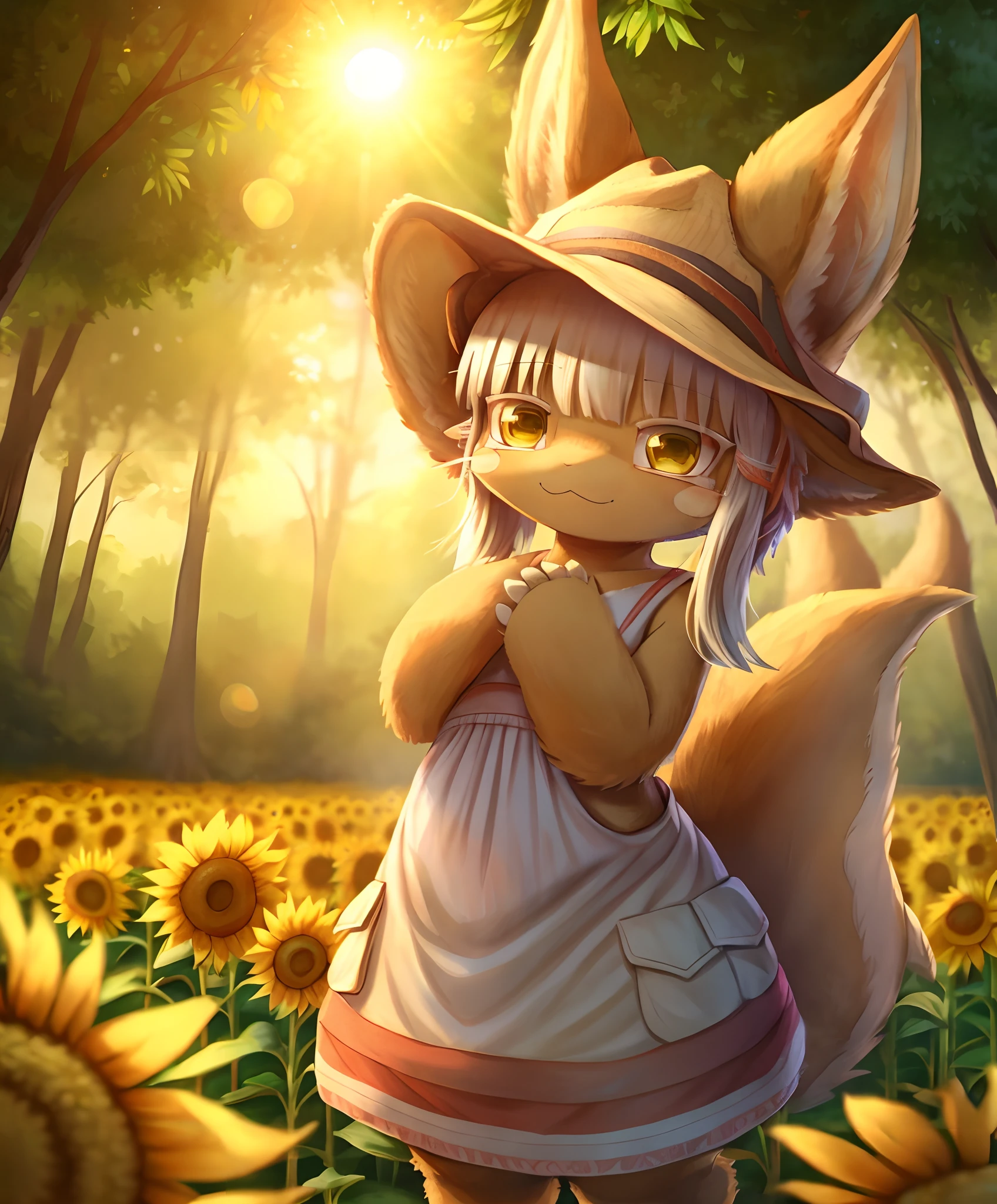 Masterpiece, (Nanachi), :3,summer dress, summer hat, sunflowers, cowboy shot, fluffy, posing, in nature, beautifully detailed scene, trees,  natural volumetric lighting, lens flare,