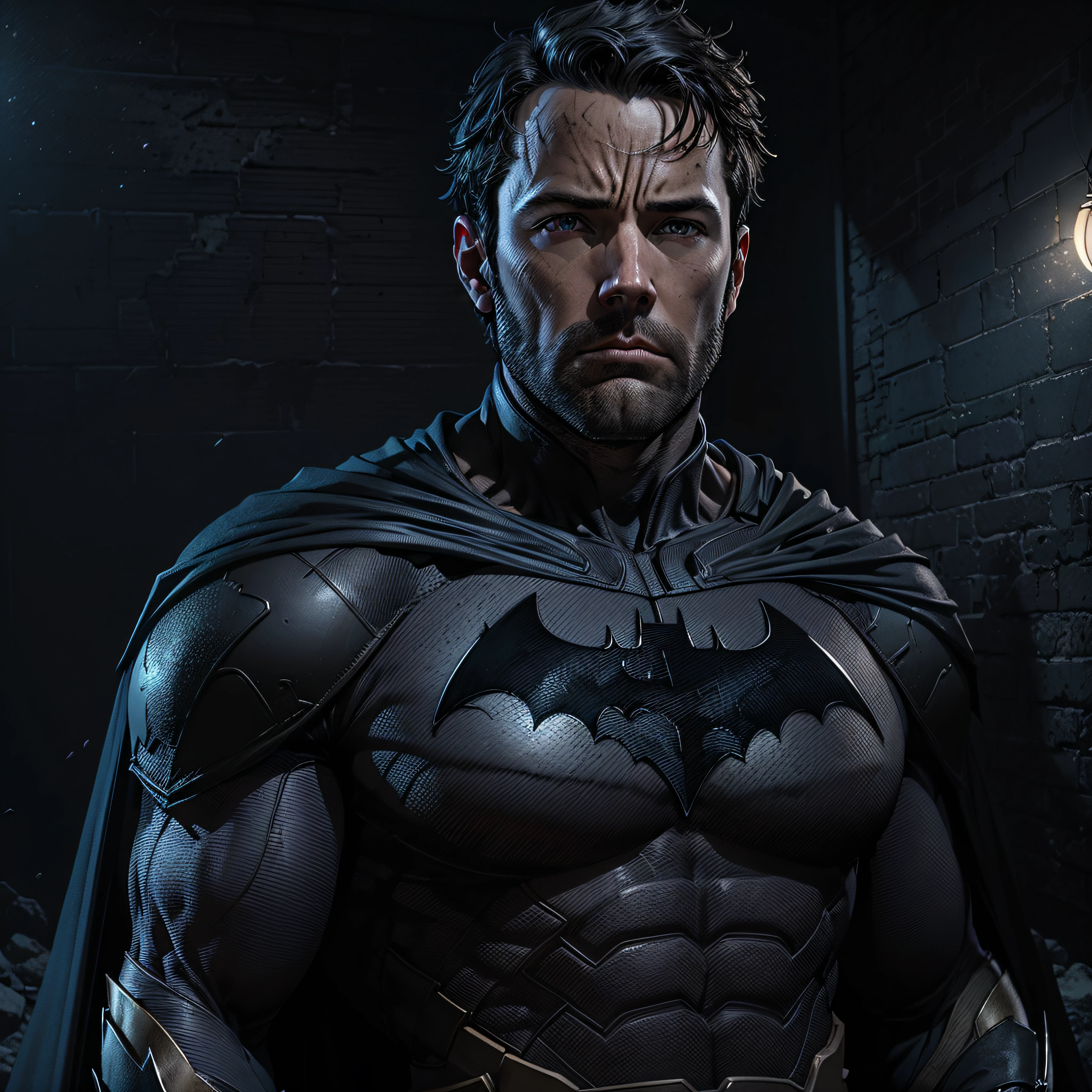 1 man, solo, Ben Affleck as Batman, tall, hunk, muscular, bulk, wide shoulder, photorealism, dark dirty grey suit, dark grey arms, ((no mask)), mask off, black hair, black gloves, best quality, masterpiece, high resolution:1.2, black cape, high detailed mask, high detailed suit, high detailed face, award winning, night time, a dark cave in the background, indoors, photo-realistic, ultra-realistic, octane render