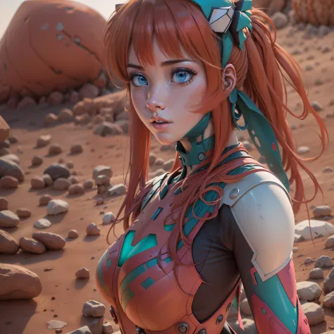 1 girl, Asuka Langley Shikinami, Caminando por un desierto de tierra roja, piedras rojas, ((ojos azules)), ((pecas en el rostro)...