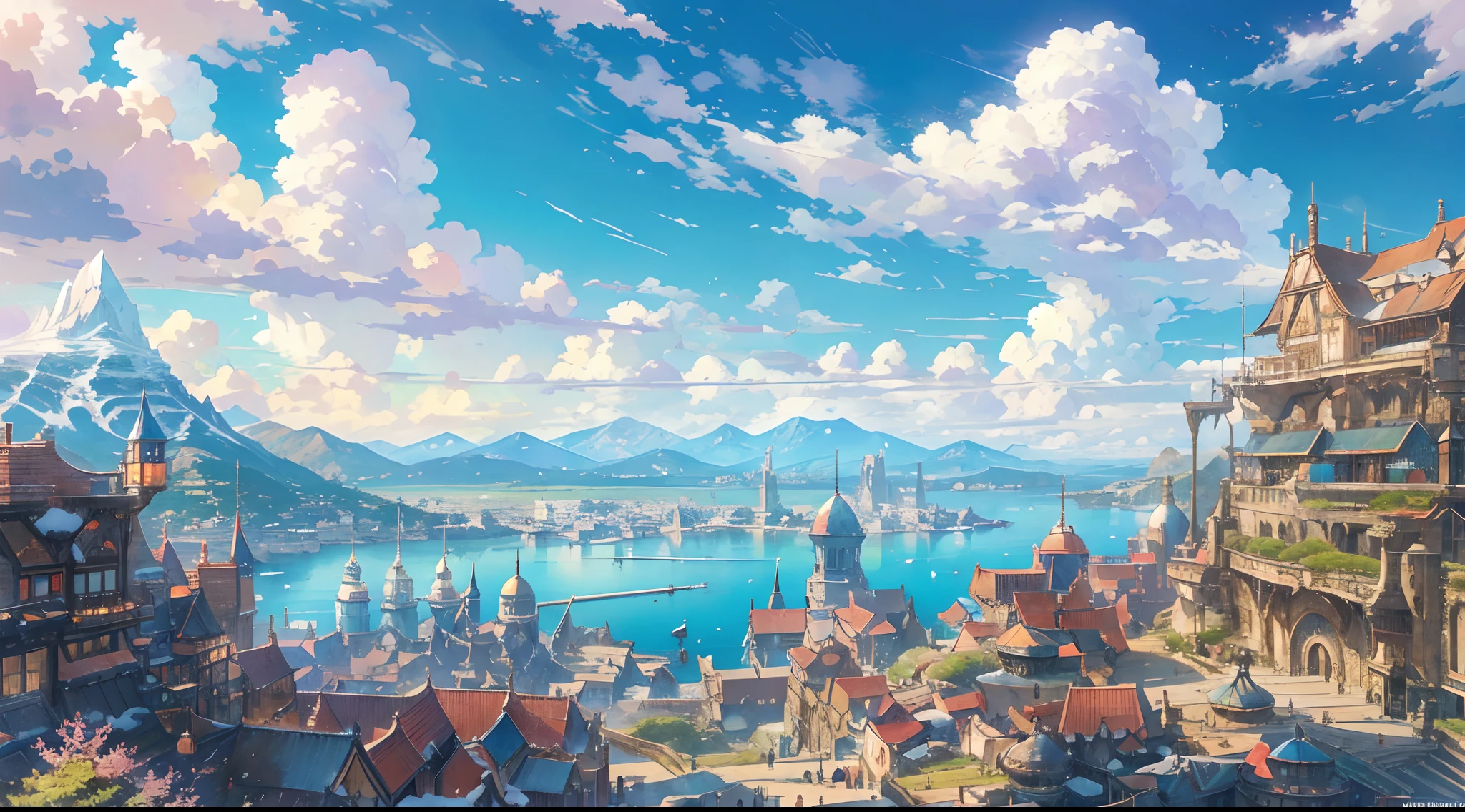 depict a scene of harbour city in fantasy world where ships stay in dock and silloutte of snowy mountain can be seen from far away in day time and sky is very clear with bright sun light in spring time, 8K, bright color, Intense vivid color, blue azure sky, white clouds, HDR, artwork, anime style, final fantasy, zelda, makoto shinkai, Hayao Miyazaki, extreme detailed, super detailed, crisp, sharp image, best result, very detailed and magical lighting, intricate town details, landscape, realistic proportions, highest quality, masterpiece, outdoor, magical scenery, perfect architecture, perfect building, perfect character