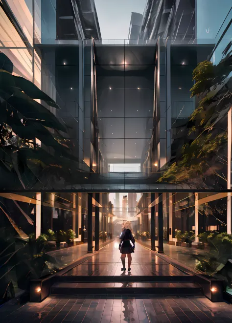 there is a woman walking in the aisle of a building, elegant walkways between towers, ultra-realistic symmetry 8k, a foster and ...