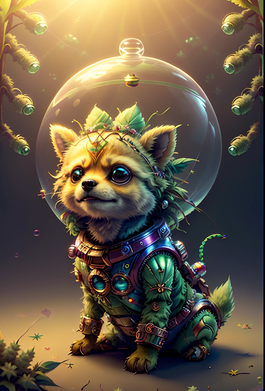 Pomeranian, perfect feather., Sitting on space ground, Wear a small astronaut collar., Highly detailed fur, kawaii, symmetric, gentle lighting, high detail face, Concept Art, digital painting, looking into camera, (firefly), Fog, nighttime, moon, (CBSABBY:1.25) Cute big reflective circle, sparkling eyes, Unreal Cinematic Engine Smooth, intricate detailed, Cannabis Garden, (extraterrestrial:1.3), (vibrant:1.2) colors, intricate pattern, (enchanting:1.1), (superb:1.2) forests, (Dewkiss:1.1),ecosystem,shapes, Floating, outer space, Mystical dimension, colour, marijuana, Cannabis flowers, 1 Pomeranian puppy, kawaii, outdoor, god rays,  kawaii, Slice of life, Studio Ghibli, (masterpiece:1.2), (bestquality:1.2), Marvel, high-detail, finely detail, Depth of Field, extremely detailed cg unity 8k wallpaper,