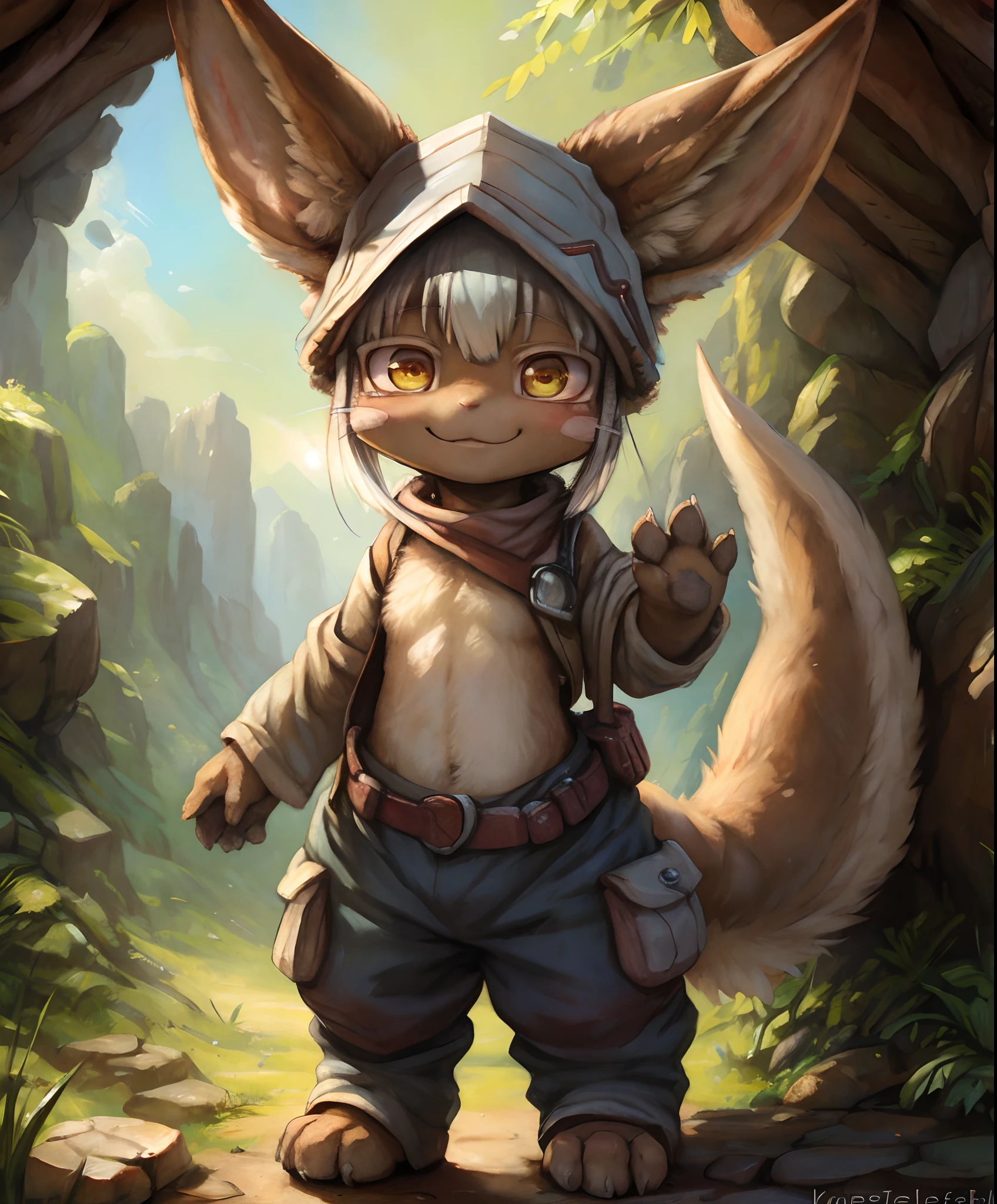 by kenket, by totesfleisch8, (by thebigslick, by silverfox5213:0.8), (by syuro:0.2), 1girl, 独奏, furry, nanachi \(made in abyss\), nanachipants, standing, looking at viewer, smile