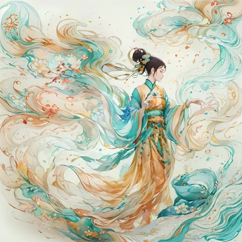 (Alcohol Ink:1.5),Dunhuang style, Dancing in the sky, Ancient Chinese beauties, silk Hanfu, Tulle ribbon, graceful dance movemen...