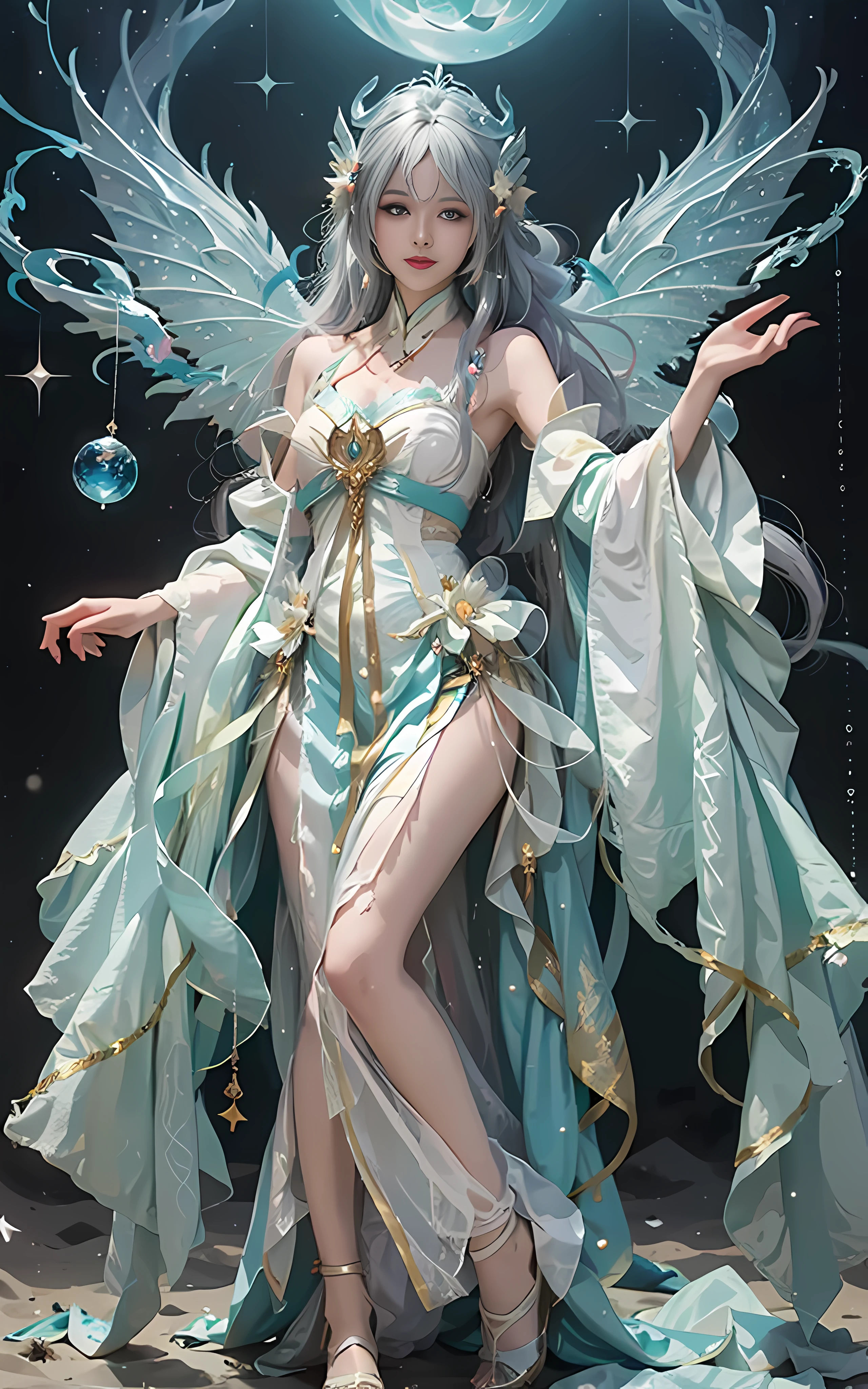 Close-up of women in costumes on stage, full body fairy, beautiful celestial mage, stunning young ethereal characters, beautiful fantasy queen, astral witch costume, sand stream, flowing magic robe, white Hanfu, fairy fantasy, beauty Delfin, ethereal fantasy, elegant and charming cosplay, Hirase Jinyao, charming and colorful, very coquettish