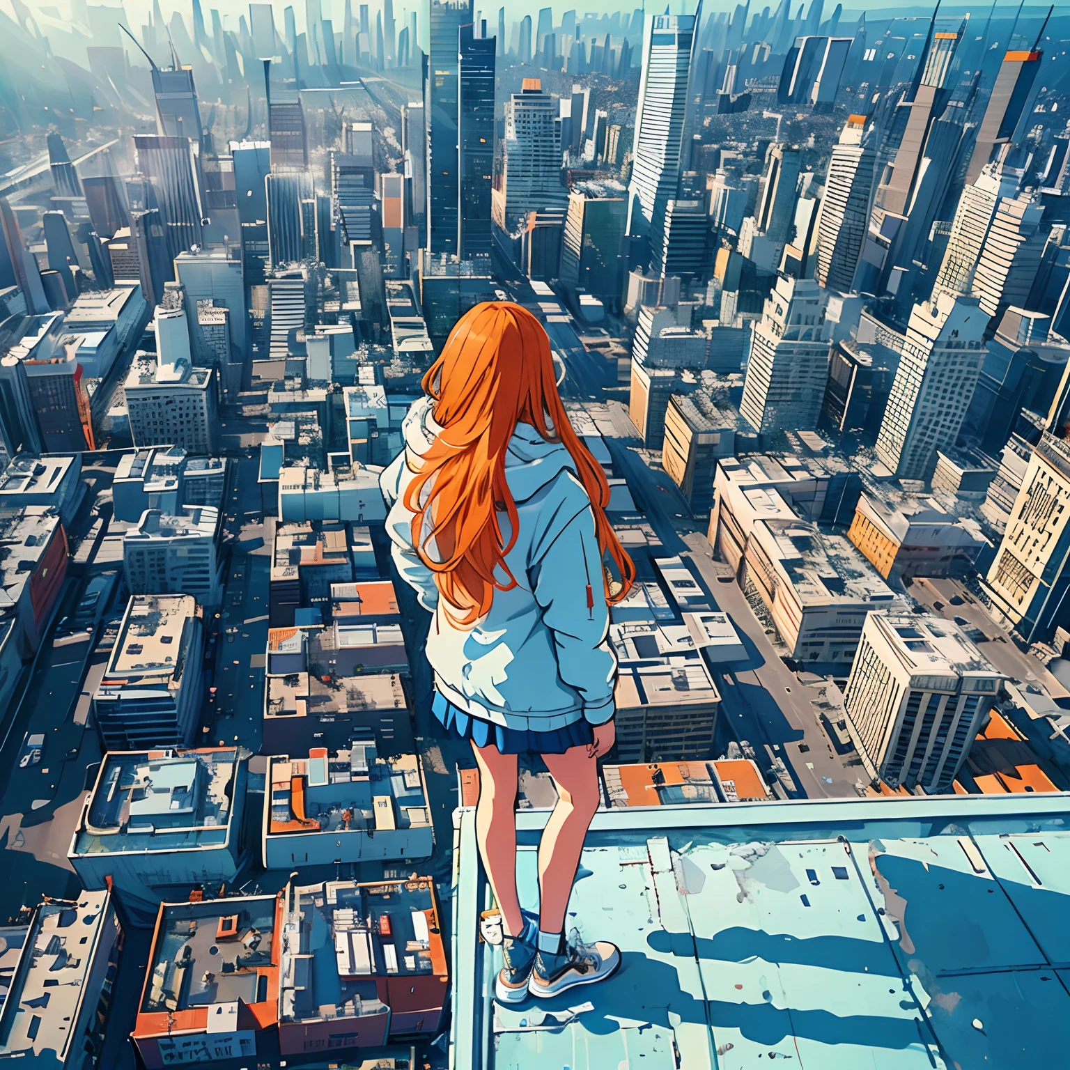 1girl, long orange hair, modern parka, skirt, converse shoes, modern city, on edge of a skyscaper's roof, midday, sun, blue sky, clouds, ((shot from back)), low angle, volumetric light, 8k, best quality, sharp, detailed