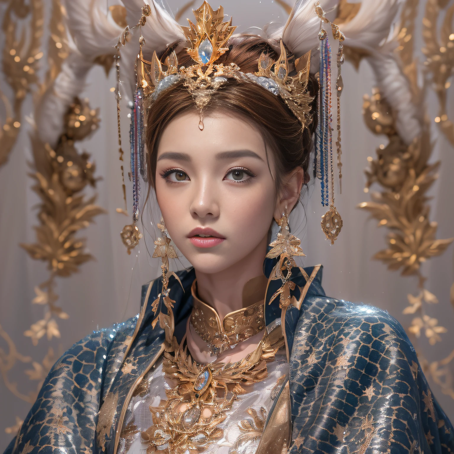 16k（tmasterpiece，k hd，hyper HD，16k）short detailed hair，Gold jewelry area in the back room，Redhead Queen ，Silver Dragon Protector （realisticlying：1.4），Python pattern robe，Purple-pink tiara，Snowflakes fluttering，The background is pure，Hold your head high，Be proud，The nostrils look at people， A high resolution， the detail， RAW photogr， Sharp Re， Nikon D850 Film Stock Photo by Jefferies Lee 4 Kodak Portra 400 Camera F1.6 shots, Rich colors, ultra-realistic vivid textures, Dramatic lighting, Unreal Engine Art Station Trend, cinestir 800，Hold your head high，Be proud，The nostrils look at people