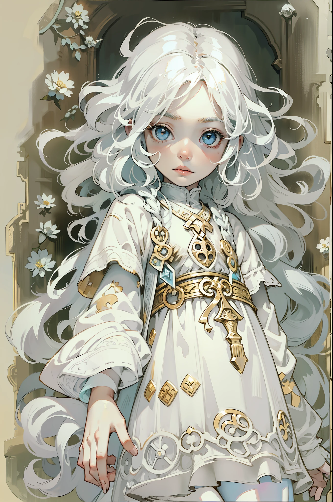 "A girl ghost with pale, paper-white skin, wild and disheveled bright white hair, and mesmerizing white eyes adorned with spirals, wearing tattered clothing and clutching onto an aged plush toy."