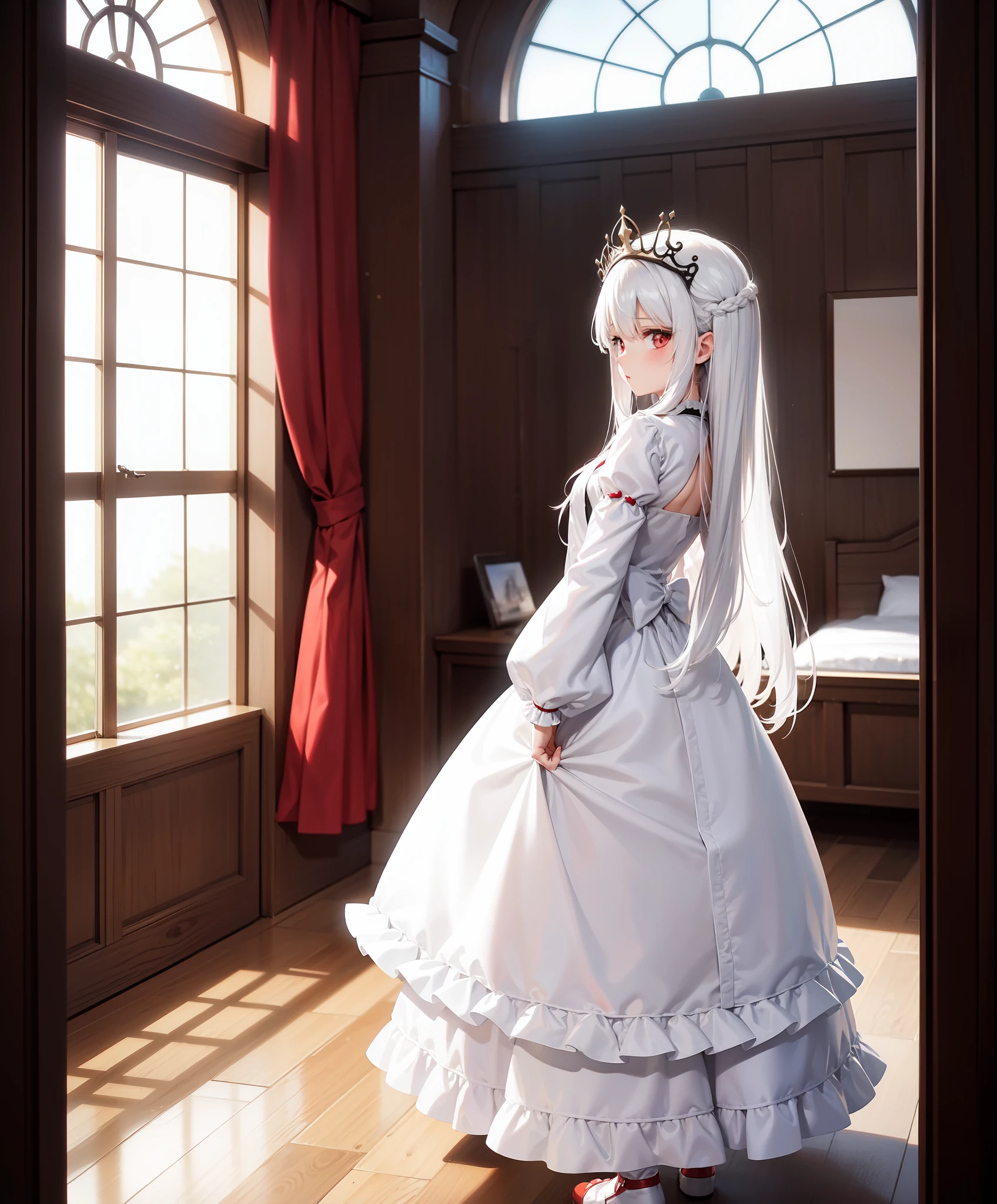 (((picture perfect))), (absurdres), 1girl, solo, shy, full body view, petite,from behind,  bedroom, indoors, looking at viewer, detailed background, illyasviel von einzbern ubw, long hair, white hair, red eyes