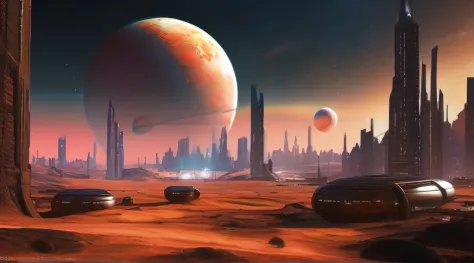 cyberpunk city on an alien planet, with multiple moons