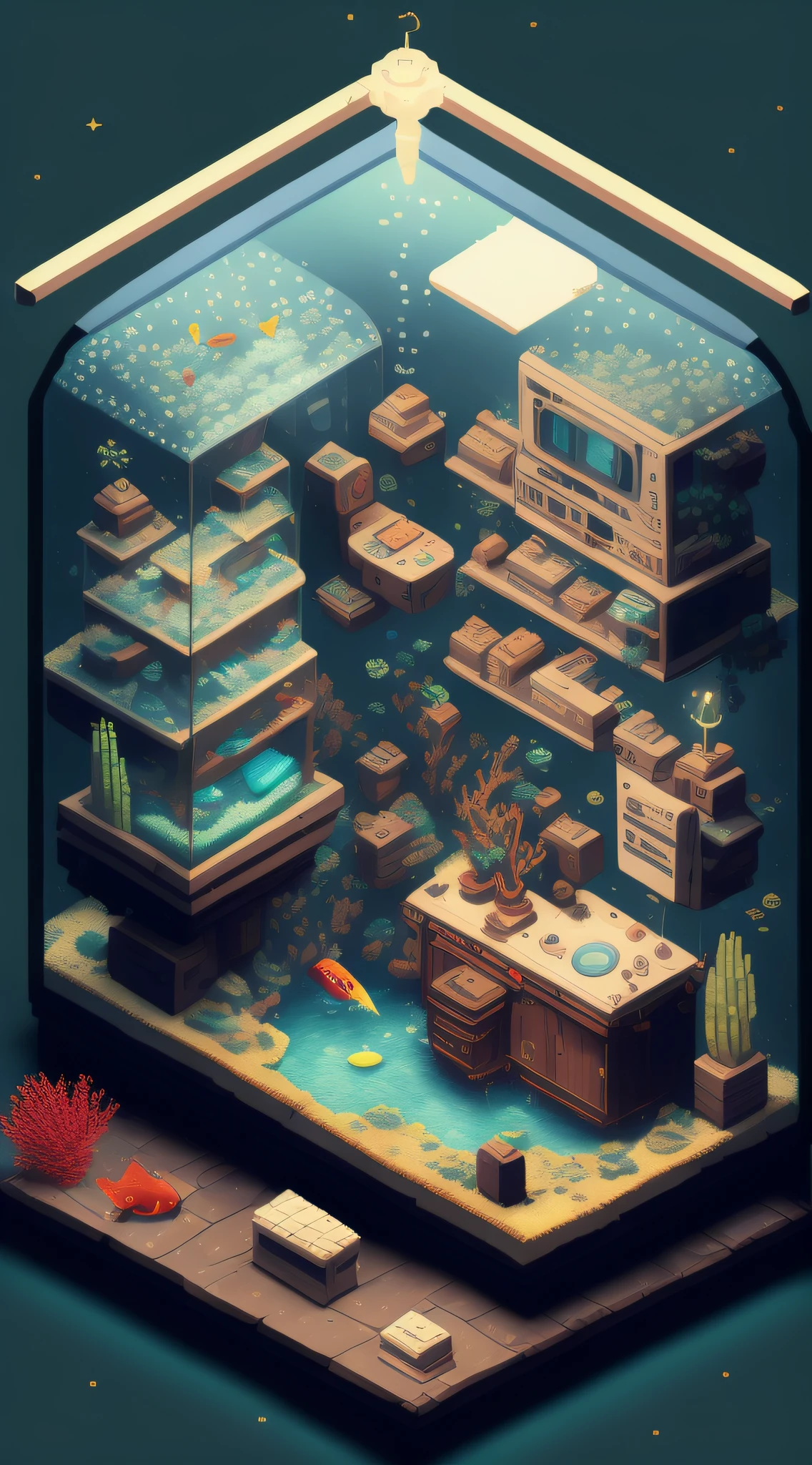 François Harald（François Harald）retro-futurism，aquariums，ocean water，seaweed，The fish，lamplight，warm，Adopt the style of isometric pixel art and pixel room generator