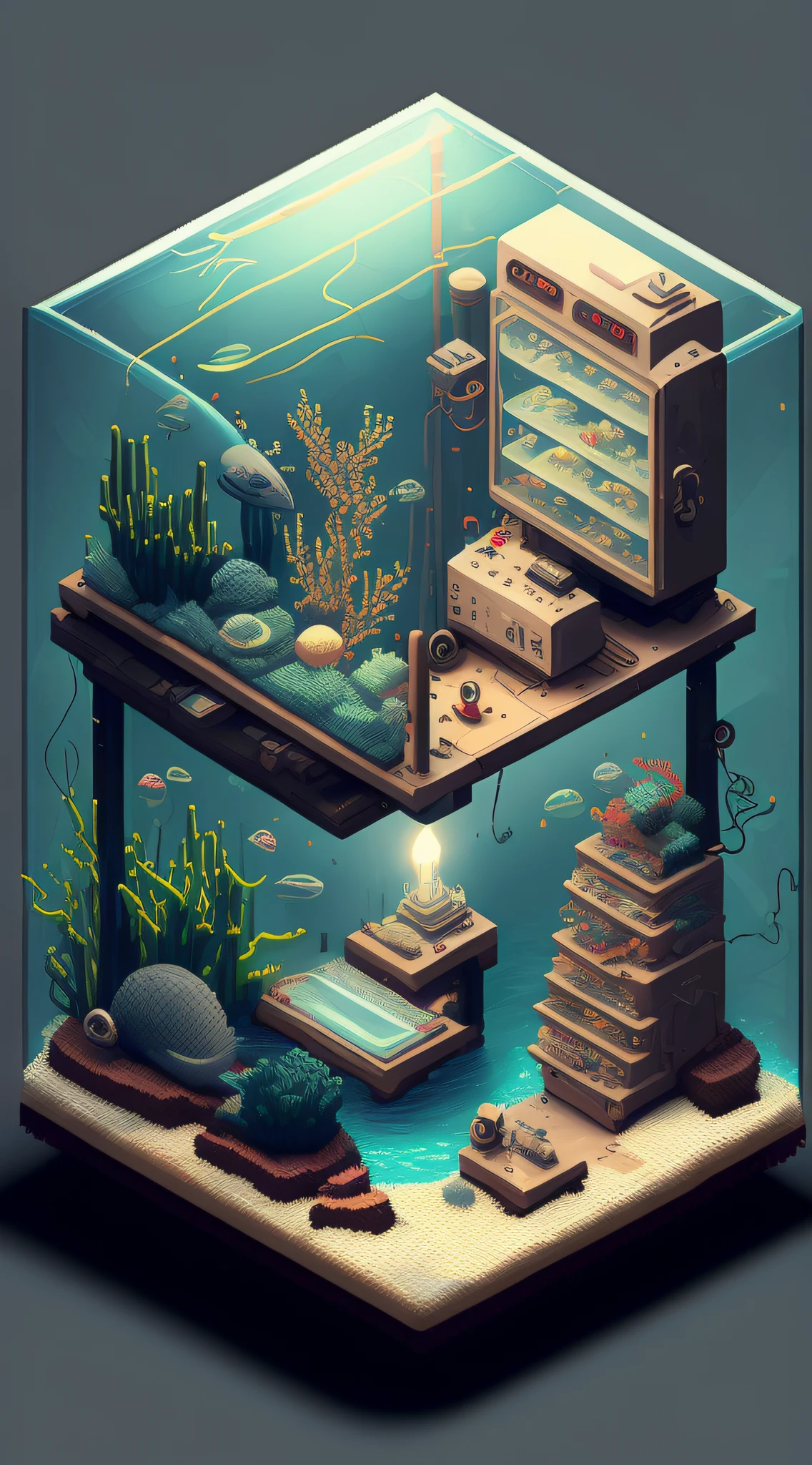 François Harald（François Harald）retro-futurism，aquariums，ocean water，seaweed，The fish，lamplight，warm，Adopt the style of isometric pixel art and pixel room generator