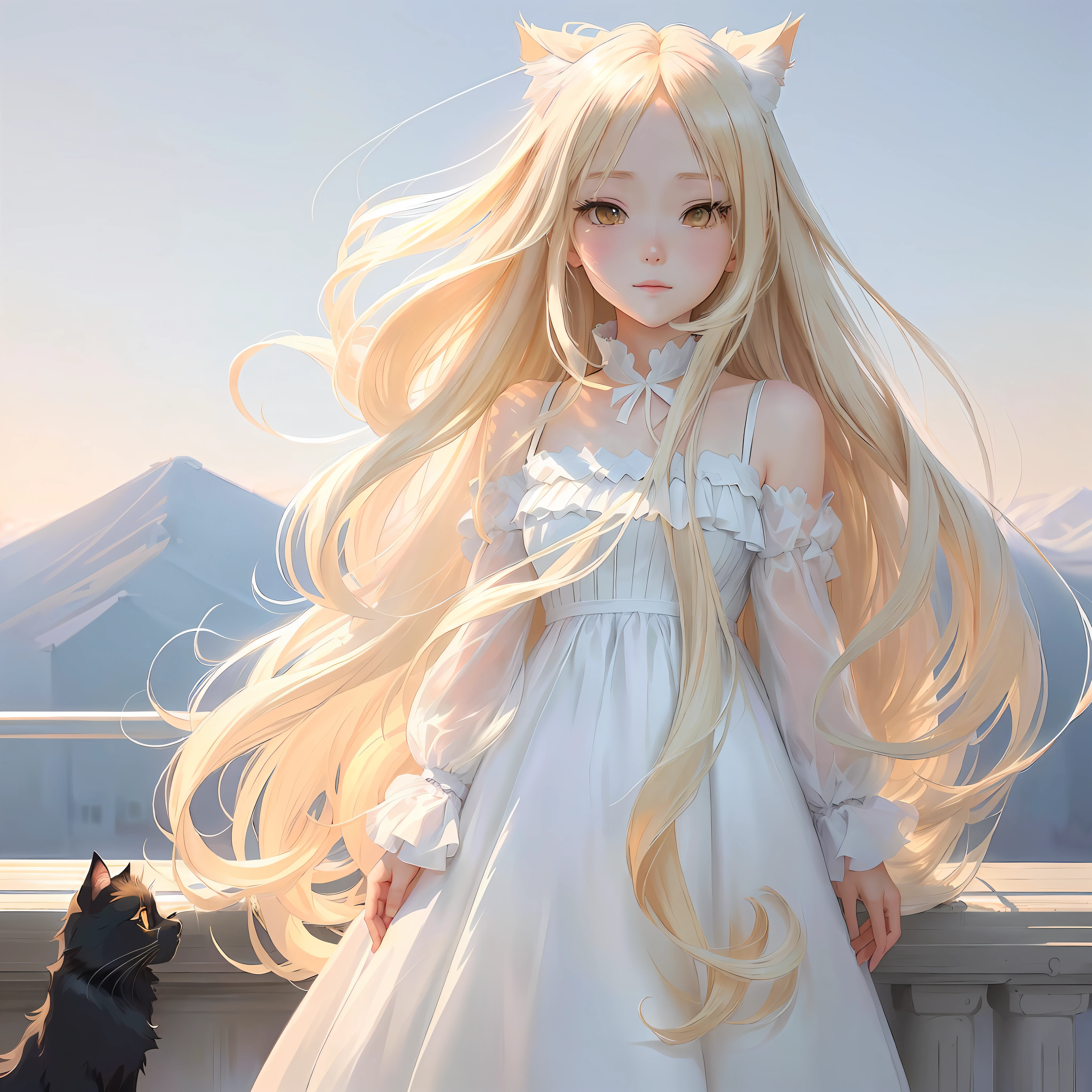 Anime girl with long blonde hair and white dress standing next to a dog -  SeaArt AI