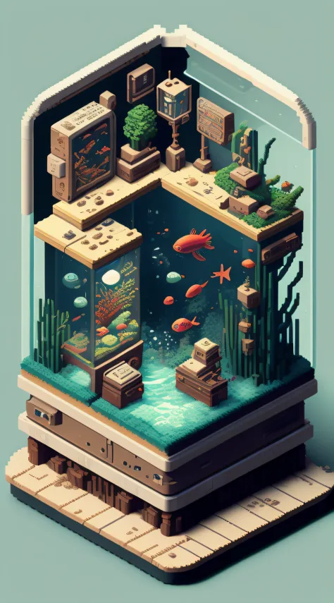 françois harald（françois harald）retro-futurism，aquariums，ocean water，seaweed，the fish，lamplight，warm，adopt the style of isometri...