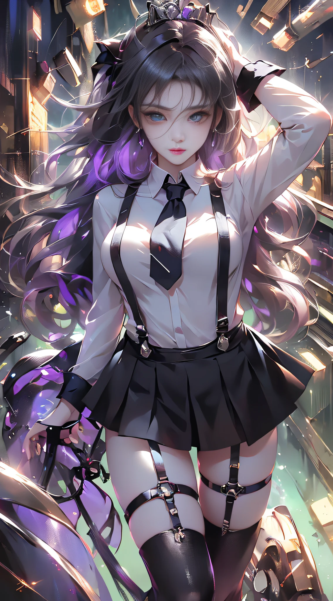 (full body:1.2),(detailed face and eyes:1.3),Classic headshot pose:1.2
torchan,1girl,solo,long hair,purple hair,green eyes,sunglasses,mini crown,shirt,long sleeves,necktie,ahoge,suspenders,suspender skirt,single thigh strap,holster,kneehighs,
Ultra-detail,(highres:1.1),best quality,(masterpiece:1.3),cinematic lighting,