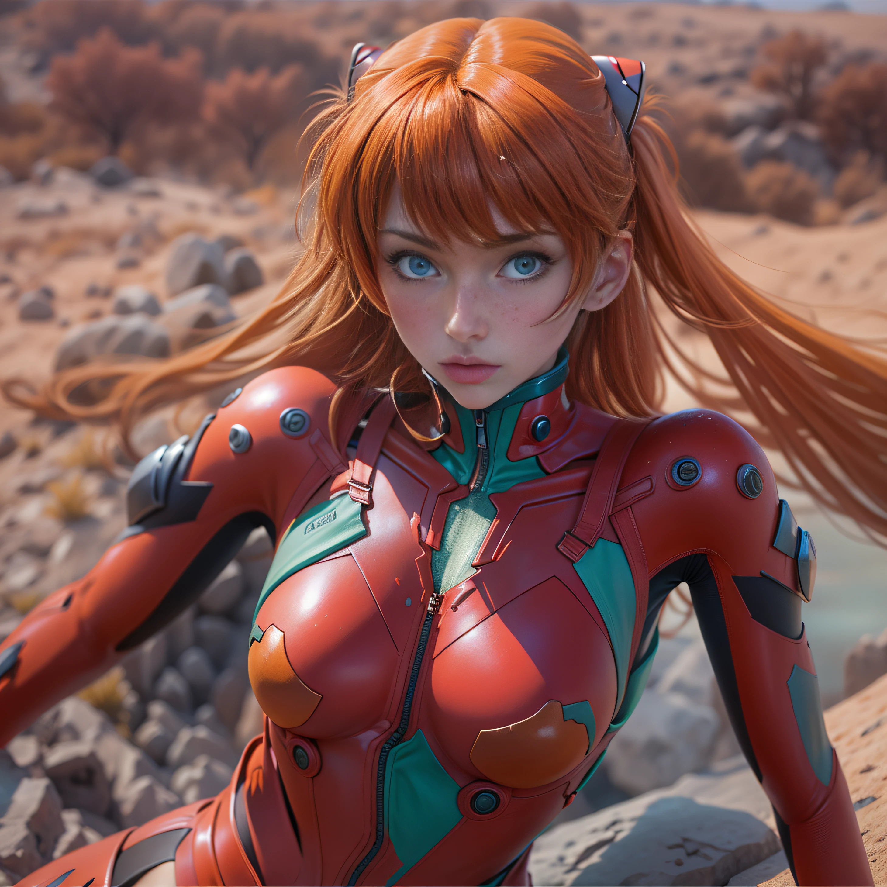 1 girl, Asuka Langley Shikinami, Walking through a red dirt desert, red stones, ((blue eyes)), ((freckles on the face)), in transparent plugsuit, ((perfect)), ((small ass)), (((DeepVnecklineslipdress))), ray tracing, NVIDIA RTX, super resolution, Unreal 5, Sub-Surface Scatterring, PBR Textures, Post processing, Anisotropic filtering, depth of field, maximum sharpness and sharpness, Multilayer textures, Albedo and specular mapping, surface shading, Accurate simulation of light-material interactions, perfect proportions, Octane representation, duotone lighting, Low ISO, white balance, rule of thirds, wide opening, 8K RAW, high-efficiency subpixels, sub-pixel convolution, glow particles