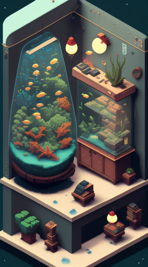 françois harald（françois harald）retro-futurism，aquariums，ocean water，seaweed，the fish，lamplight，warm，adopt the style of isometri...