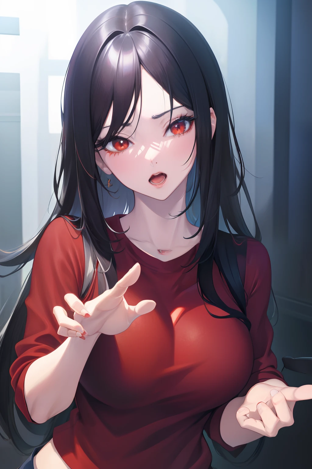 ouvrir la bouche ouverte，Cheveux de couleur noire，Le haut du corps porte un pull rouge, filles anime attrayantes, femme animée, Beautiful femme animée, style anime 3D réaliste, filles anime séduisantes, personnage féminin d&#39;anime, style artistique d&#39;anime réaliste, art cg anime lisse, Illustration numérique d’anime, beautiful and seductive femme animée, belle fille animée,gros plan du visage，Ne montre pas tes mains