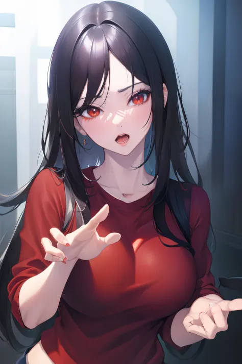 open open mouth，Black color hair，The upper body is wearing a red sweater, attractive anime girls, anime woman, Beautiful anime w...