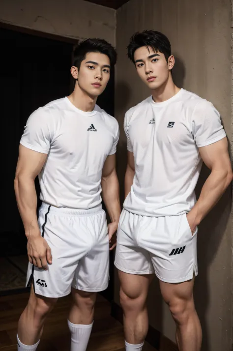2 young people，Handsome，musculous，hairy bodies，athletic sneakers，White  socks，White sports shorts（Detailed eyes：1.3），Black eyes，full bodyesbian，
