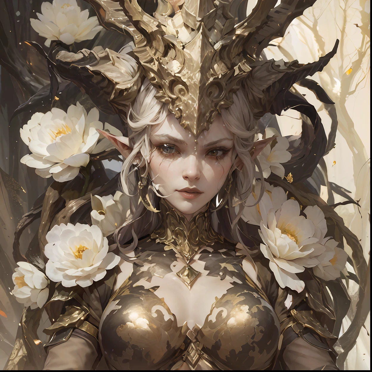 Da war eine Frau in einem goldenen Kleid，Er trägt Blumen auf dem Kopf, Phlegm phlegm art, Art germ on ArtStation Pixiv, Phlegm sputum, phlegm | Art germ, Guweiz in Pixiv ArtStation, Kunst von Wolp, guweiz masterpiece, Guweiz on ArtStation Pixiv, Porträt einer Elfenkönigin, von Yang J, eine wunderschöne Fantasiekaiserin