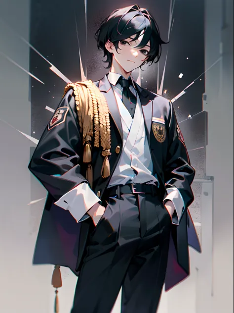 1 persons, Handsome, lifeless eyes, Black hair, Black eyes, 1.8 meters high, White shirt, long collars, Long sleeves, Long black pants, Cold face, 1 Japanese high school boys' uniform， UHD, masterpiece, ccurate, anatomically correct, textured skin, super d...