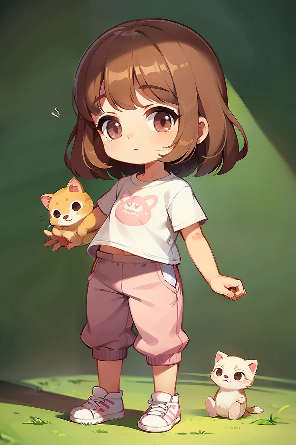 A three-year-old girl，Standing and holding kittens，Cartoon image，Q version，Illustration style，white backgrounid，Brown hair，White top，Pink pants，White sneakers，Whole body diagram，multiple angle，Multiple Pose，