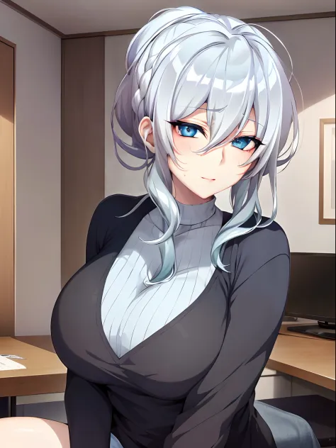 Best quality, 8k, in bed, silver hair and  blue eyes, black shirt and no bra, anime visual of a cute girl, screenshot from the a...