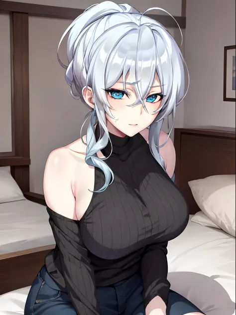 Best quality, 8k, in bed, silver hair and  blue eyes, black shirt and no bra, anime visual of a cute girl, screenshot from the a...