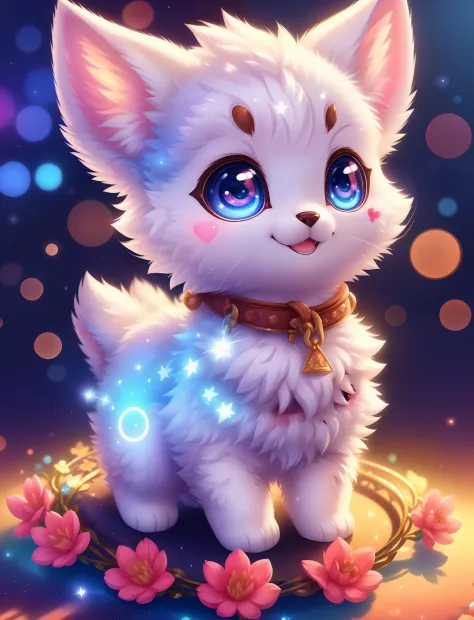 Cute puppy with different colored eyes， tchibi， adolable， Logo design， cartoony， movie light effect， 3D vector art， Cute and quirky， Fantasyart， bokeh， handpainted， digitial painting， gentle illumination， Isometric style， 4K 分辨率， photoreal render， High lev...