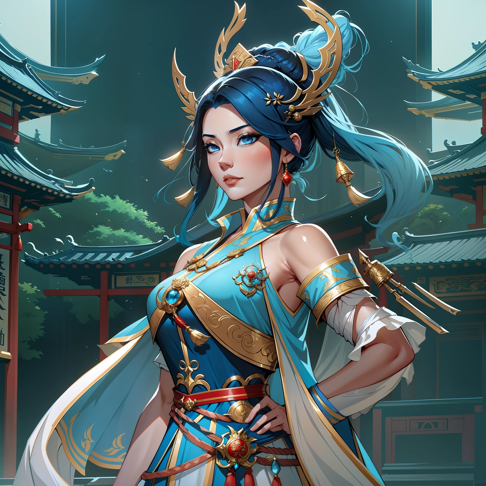 a close up of a short woman in her 30's, with blue eyes and ocean blue hair, wearing a blue and black ballgown dress, a chinese empress with blue eyes, female swordswoman, chinese princess, standing in a chinese temple, new costume concept design, in the style of blade and soul, full body character concept, detailed character design, inspired by Yang Jin, inspired by Li Mei-Shu, lunar themed attire, costume with gold accents, inspired by Ju Lian, colored concept art, highly detailed character design, highly detailed face, inspired by Ai Xuan, very highly detailed face, unreal engine render, final fantasy 14 style