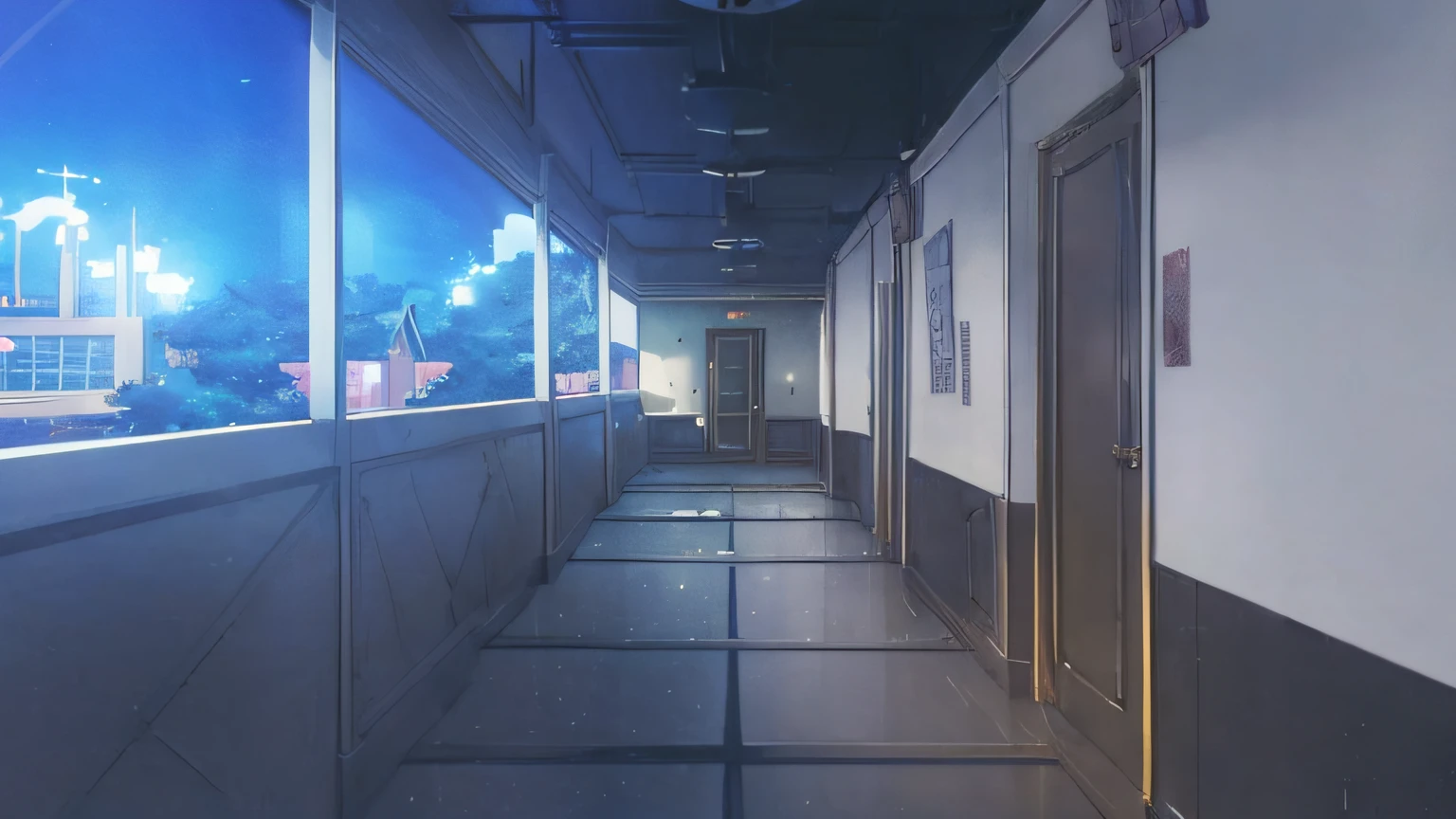 there is a long hallway with a clock on the wall, hallway landscape, anime background art, anime background, anime set style, anime movie background, anime scenery concept art, infinite hallway, realistic anime 3 d style, interior background art, anime scenery, corridor, style of makoto shinkai, va-11 hall-a, style of madhouse studio anime